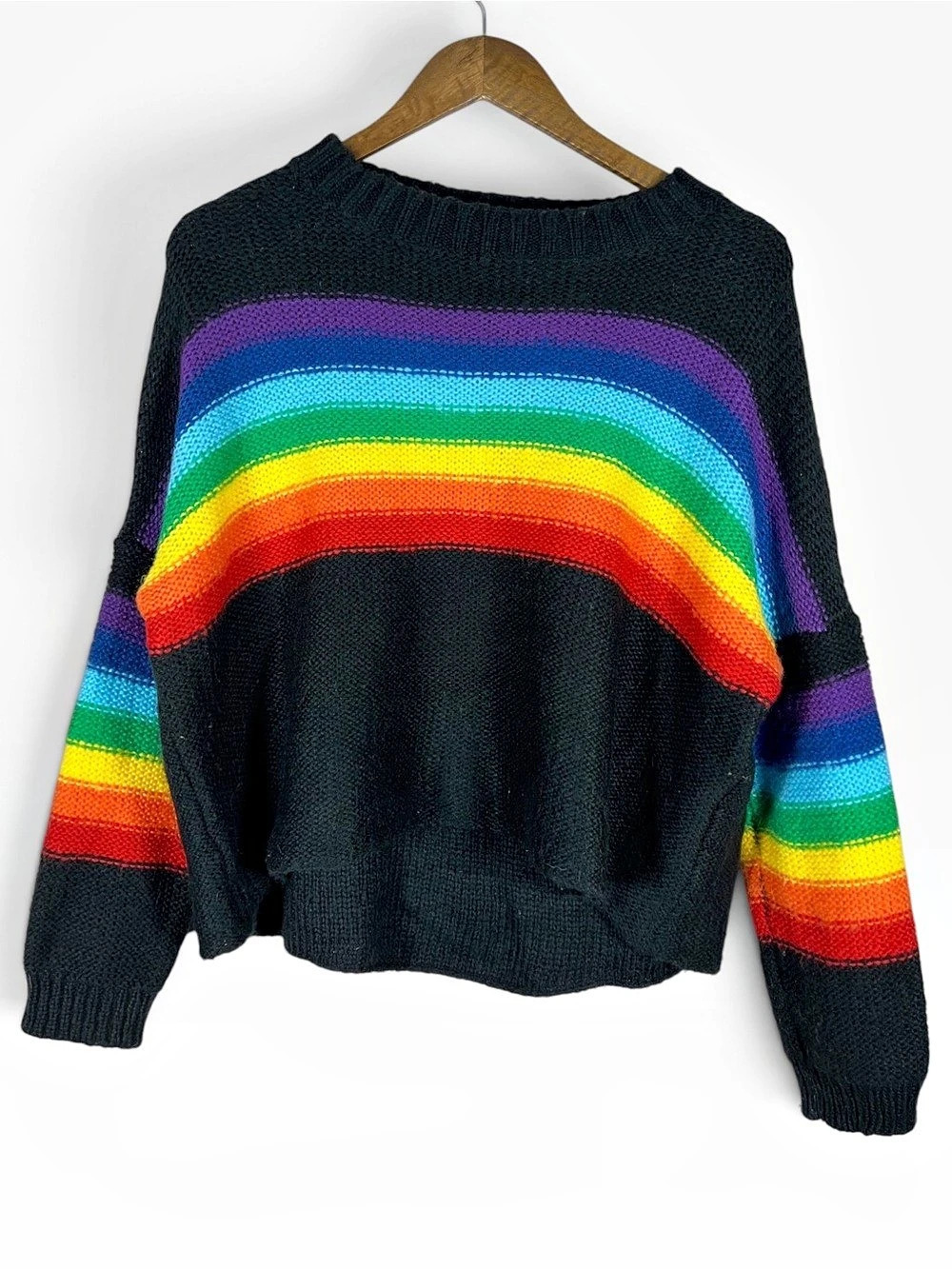 Wooden Ships Womens Rainbow Stripe Sweater Size XS Black Oversized Slouchy Retro